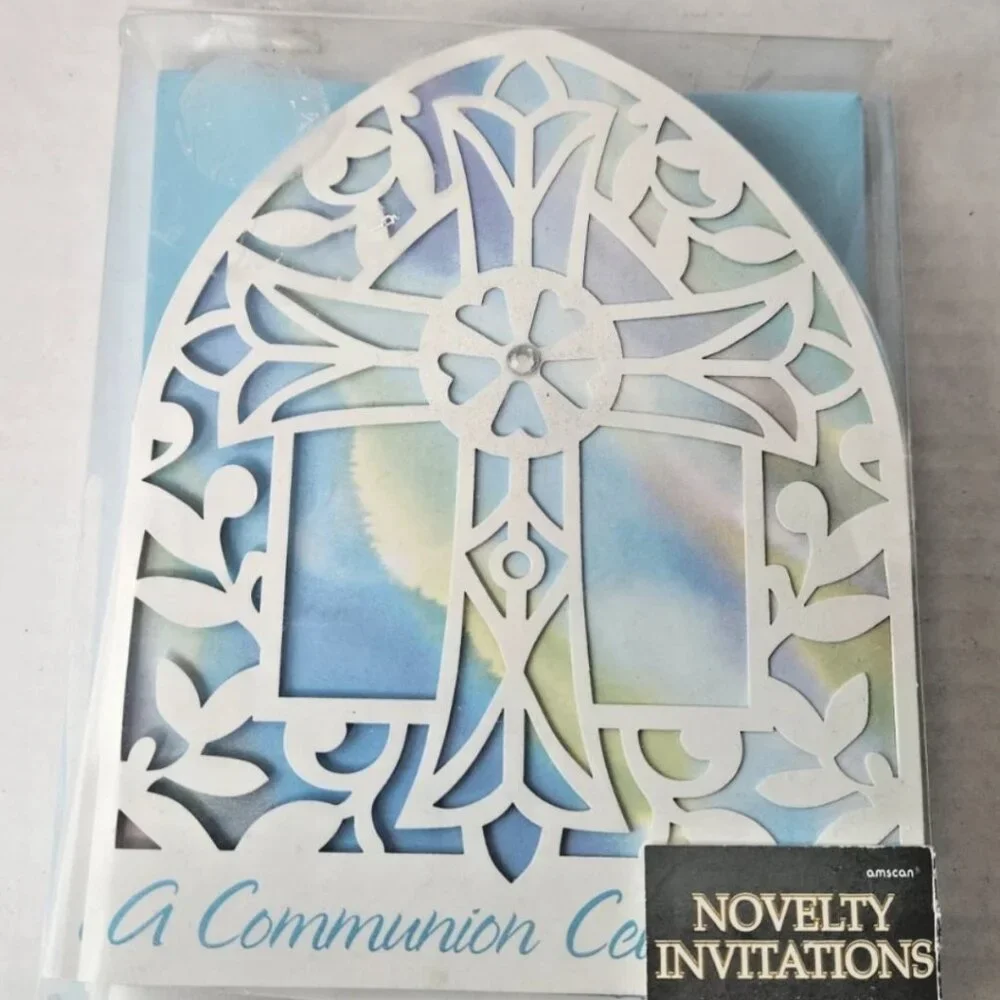 Vintage First Communion Invitations Laser Cut Blue Stained Glass Cross Sealed